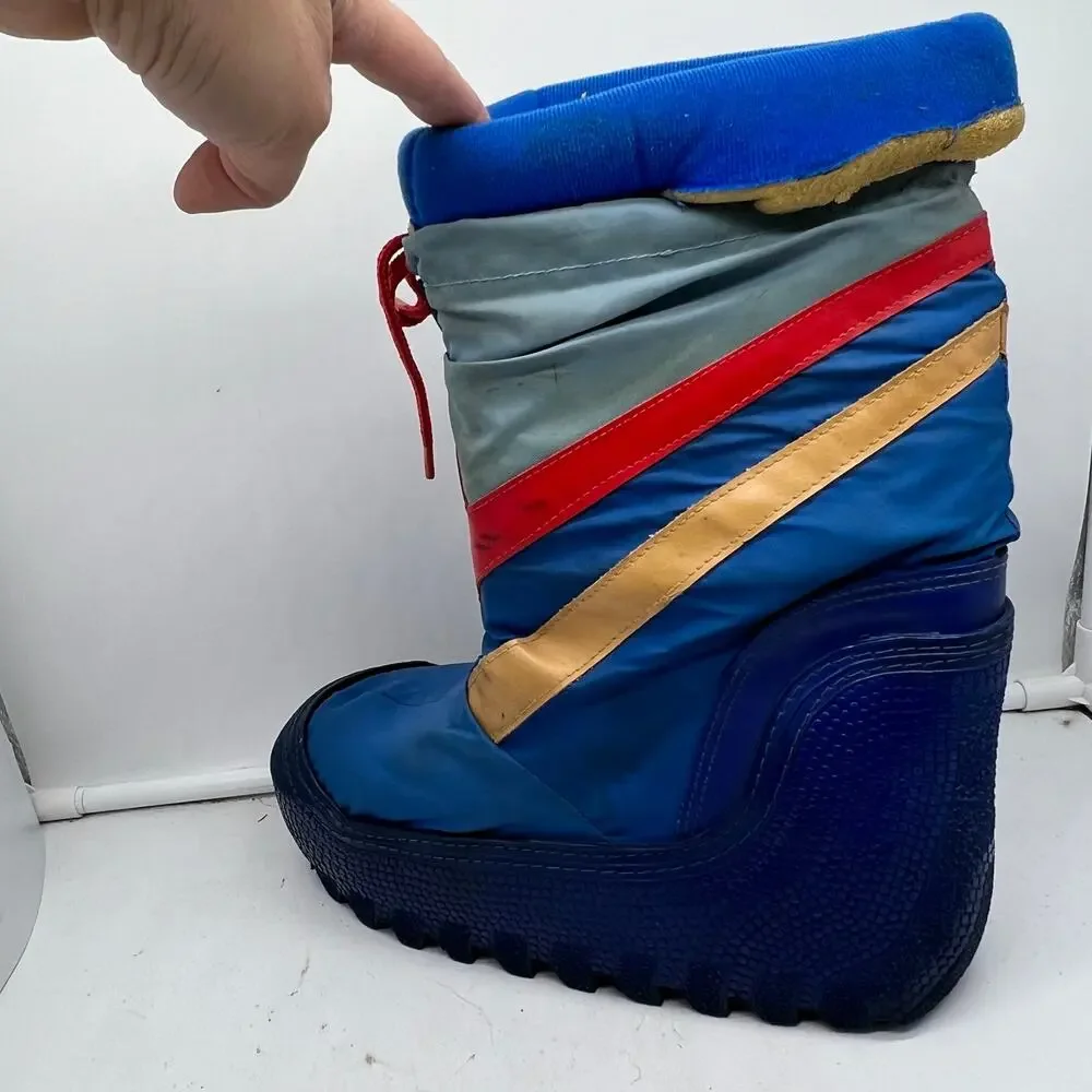 Vintage 80s Snow Boot Youth 4-5 Blue Nylon Stripe Winter Moon
